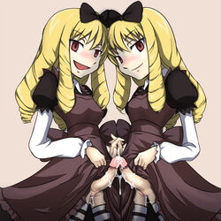 ariel_(darker_than_black) bernice_(darker_than_black) blonde_hair brown_eyes darker_than_black futa_only futanari intersex penis precum pussy_juice thighhighs twins vagina