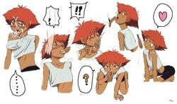 1girls androgynous arched_back blush cowboy_bebop cum dark-skinned_female dark_skin edward_wong_hau_pepelu_tivrusky_iv fellatio female heart human oral penis red_hair short_hair spats white_background yellow_eyes