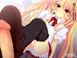 blonde_hair censored feet femdom footjob frown long_hair mary_janes maxal_(artist) panchira penis reclassify_as_artist red_eyes sadistic_lolita school_uniform shoejob shoes skirt thighhighs tied_hair twintails