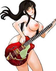 black_hair breasts brown_eyes guitar kazaana large_breasts lipstick long_hair nipples oppai