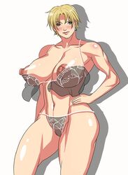 babydoll blonde_hair blue_eyes bra breasts double_h earring fatal_fury huge_breasts king_(snk) king_of_fighters muscle nipples see-through see-through_panties short_hair snk