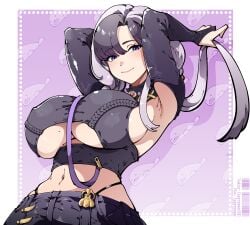 1girls armpit azarashi_hapu beauty_mark belly_button black_hair female female_only g.r.m_(gooroomee1130) light-skinned_female light_skin looking_at_viewer purple_eyes smile solo touching_own_hair two_tone_hair underboob v-llage virtual_youtuber white_hair