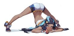 1girls ass_up athletic athletic_female blue_eyes blue_hair blush dark_hair dark_skin earrings eyelashes female flexible game_freak gloweve gym_leader highres jack-o_pose long_hair looking_at_viewer nessa_(pokemon) nintendo pokeball pokemon pokemon_ss pokemon_trainer shorts slim slim_waist solo solo_female spread_legs spreading sweatband white_background wide_spread_legs