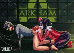 2girls all_fours anilingus ankle_cuffs ass ball_gag batman:_the_animated_series batman_(series) bdsm blue_eyes bondage bondage_gloves bound bound_ankles bound_wrists cat_ears catwoman catwoman_(dcau) chain_leash chained chains collar cuffs dc dc_comics dcau dominant_female female female/female female_only femdom femsub gag gagged harley_quinn harley_quinn_(classic) heels hood latex latex_suit leash leather_cuffs lezdom looking_back multiple_girls rimming strap-on submissive submissive_female tanluca_art wrist_cuffs yuri