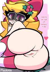 >:3c 1girls :3 ass blonde_female blonde_hair bowtie bowtie_on_head bubble_ass bubble_butt cartoony female female_focus female_only glasses holly_(plucknix) pink_eyes plucknix pussy teeth thick_ass thick_thighs toony western_art