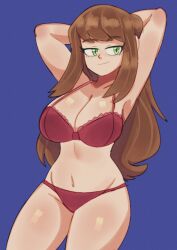 arms_behind_head belly_button blue_background boobs bra breasts brown_hair brunette cleavage green_eyes jade_hadley large_breasts long_hair lueduartv maeve's_academy noikummi original_character panties simple_background smile smiling thick_thighs thighs underwear