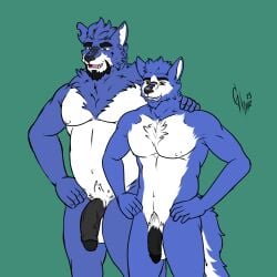 anthro can canid canine canis container duo father_(lore) genitals hi_res hunterramirez male male/male mammal musclegut muscular parent_(lore) penis slim smile son_(lore) wolf