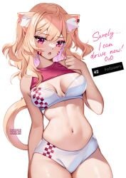 1girls animal_ears belly_button blonde_hair cat_ears cat_tail catgirl english_text face_markings female female_only light-skinned_female light_skin pink_eyes red_eyes solo squchan squchan_(vtuber) tail text virtual_youtuber vtuber vyugen