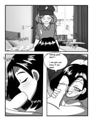 1boy 1girls big_breasts blowjob comic english_text fellatio lei_(coloredyiddies) lueduartv meme monochrome original smile tagme