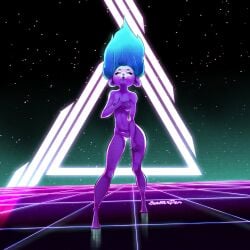 1:1 80's_theme anthro blue_hair breasts closed_eyes detailed_background female female_only hair hand_on_chest hi_res nipples nude open_mouth purple_body reflective_floor scratchdex shaded solo standing synthwave thigh_gap