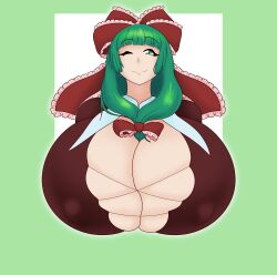 1girls alternate_version_available big_breasts bow_ribbon breasts_bigger_than_head breasts_bigger_than_torso enormous_breasts exposed_breasts huge_breasts hyper hyper_breasts kagiyama_hina koobybooby koobykarasu lace-trimmed looking_at_viewer tagme touhou