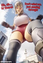 bigger_female city dialogue doonography fortnite fortnite:_battle_royale giantess huge_breasts huge_legs larger_female lexa_(fortnite) looming luminos_(fortnite) stroll surprised thick_thighs tiny_male