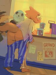 1boy 1girls 2020s 2022 2d 2d_(artwork) 2d_artwork alphys anthro ass blush butt butt_crack color commission_art duo edtropolis english_text female female_anthro female_focus glasses indoors lizard lizard_girl lizard_tail male pants_down ramen reptile_girl reptile_tail sans scalie skeleton tail text undertale undertale_(series) yellow_hair yellow_skin