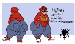 1boy big_ass big_balls big_bulge big_butt bulge character_profile gay hoodie huge_ass huge_butt lil_thicky male_focus male_only mumble_rapper rapper red_hoodie shortstack sunglasses tonicartz wide_hips