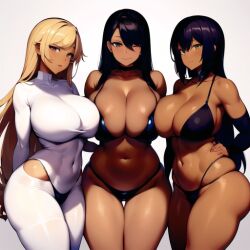 3girls ai_generated belly belly_button big_breasts bikini black_clothing black_hair blank_background blonde_hair brown_eyes busty curvaceous curvy curvy_body curvy_female curvy_figure dark-skinned_female dark_hair exposed_belly_button exposed_navel female_only gyaru hairclip happy huge_breasts large_breasts lingerie long_hair looking_at_viewer multiple_girls navel nemus_waifu_generator no_background pooplool purple_hair smiling_at_partner smiling_at_viewer stomach tagme take_your_pick tanned_female thick_female thigh_gap very_long_hair voluptuous voluptuous_female white_background white_bodysuit white_clothing