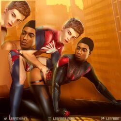 african african_male bent_over bulge caucasian caucasian_male dark-skinned_male dark_skin gay interracial jockstrap leafithirst male male_only marvel melanin miles_morales miles_morales_(playstation) muscles muscular muscular_male on_all_fours peter_parker spider-man spider-man:_miles_morales_(ps5) spider-man_2_(ps5) teen_boy