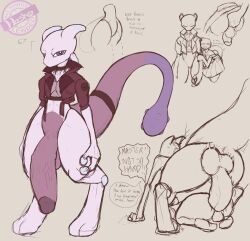 all_fours anal big_penis choker dialogue dominant_anthro gay hashcopyrice jacket kyrios(hashcopyrice) male_only mewtwo nintendo original_character pokemon pokemon_(species) self_upload sketch_page tail testicles text watermark yaoi