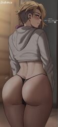 ass big_ass big_thighs blonde_female blonde_hair blue_eyes dialogue eyebrow_piercing female gwen_stacy gwen_stacy_(spider-verse) hood hoodie light-skinned_female light_skin looking_back marvel marvel_comics oroborusart panties savagexthicc sidecut smile smiling solo solo_female spider-gwen text thighs