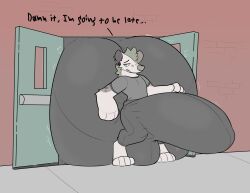 1boy barefoot black_legwear blockage_(layout) doorway erection_under_clothes furry furry_only grey_fur hyper hyper_balls hyper_penis male_only saturn_(idklookitup) starrfluff