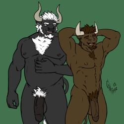 anthro bovid bovine cattle duo father_(lore) feran_blackridge genitals hi_res hunterramirez male male/male mammal muscular nude parent_(lore) penis smile son_(lore)