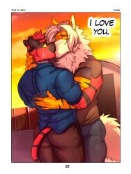 2boys absurd_res anthro arcanine ass blue_eyes bodily_fluids closed_eyes clothed clothing comic crying dialogue due duo dylan_(zourik) english_text gay gay_kissing generation_1_pokemon generation_7_pokemon hi_res incineroar kissing leo_(zourik) male male_only muscular muscular_male nintendo page_52 pokemon pokemon_(species) porn_studio studio tears text yellow_sclera zourik