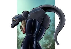 angry anthro blue_(jurassic_world) breasts clothing dinosaur female hazarts hi_res jurassic_park jurassic_world legwear nipples reptile scalie solo tights universal_studios