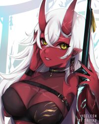 1girls akumi blade breasts cleavage female female_only horns katana monster_girl oni oni_female oni_horns red-skinned_female red_skin scars sword virtual_youtuber vyugen weapon white_hair yellow_eyes