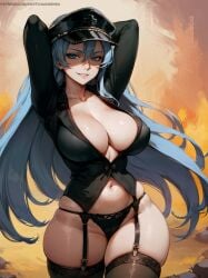 1girls ai_assisted ai_generated akame_ga_kill! blue_hair curvy_body curvy_female curvy_figure erotic_nansensu esdeath_(akame_ga_kill!) female_focus female_only garter_straps huge_breasts long_hair military_hat solo_female stable_diffusion voluptuous voluptuous_female