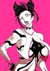 1girls akasa523 asian big_breasts black_hair bodypaint bracelet breasts busty choker collar dark_hair female female_only gloves huge_breasts juri_han korean_female large_breasts mouth_open multicolored_hair pink_background pink_eyes pink_hair revealing_clothes spiked_bracelet spiked_choker spiked_collar street_fighter street_fighter_6 tagme tongue tongue_out underboob