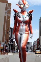 ai_generated alien alien_girl alien_humanoid building city city_background female female_only large_breasts minato_asahi_(grigio) no_sex solo solo_male thick_thighs ultraman_(franchise) ultraman_r/b ultrawoman_grigio wide_hips