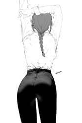 1girls arms_up ass ass_focus black_and_white braid braided_hair braided_ponytail chainsaw_man clothed female female_only fully_clothed makima_(chainsaw_man) masoq095 shounen_jump thick thick_ass tight_clothing tight_fit tight_pants