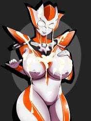 after_ejaculation covered_in_cum creople cum grigio_gets_raped large_breasts minato_asahi_(grigio) simple_background thick_thighs ubikitas ultraman_(franchise) ultraman_r/b ultrawoman_grigio wide_hips