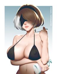 big_breasts bikini black_bikini blindfold covered_eyes large_breasts nier:_automata thepixelbuster white_hair yorha_2b