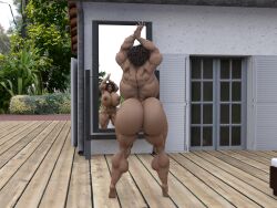 3d admiring admiring_self barefoot big_ass big_breasts big_butt bimbo bodybuilder breast_expansion dark-skinned_female daz_studio dzcelestial3d expansion feet female female_only flexing human hyper_lips hyper_muscles mirror muscle_growth muscular muscular_female outdoors outside pool poolside post_transformation size_transformation transformation