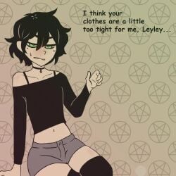 1boy 2d andrew_graves anthro black_hair choker clothed crossdressing english english_text femboy green_eyes implied_incest lagsoff male male_only solo tagme text the_coffin_of_andy_and_leyley twink