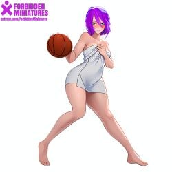 ai_generated anime_style bare_shoulders barefoot basketball blue_eyes breasts concept_art dribbling feet female figure forbiddenminiatures girly looking_at_viewer naked patreon patreon_reward purple_hair self_upload smile towel towel_only