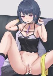 absurdres after_sex black_camisole black_choker black_shirt blush bottomless boyshort_panties breasts camisole censored choker cum cum_in_pussy cum_on_body diamond-shaped_pupils diamond_(shape) drooling female grey_hair halterneck highres koshimizu_toru looking_at_viewer loose_socks m_legs medium_breasts mole mole_under_eye mosaic_censoring navel nijisanji orgasm panties panties_around_one_leg pov pubic_hair purple_eyes purple_nails purple_socks saliva sex shirt short_hair sitting socks solo stomach straight symbol-shaped_pupils trembling triangle_hair_ornament underwear user_vpyu3382 virtual_youtuber wristband yellow_panties