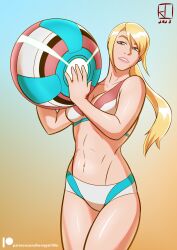 1girls alternate_version_available ball bikini blonde_hair breasts female female_only holding_ball hornyjaillifer long_hair looking_at_viewer metroid samus_aran solo solo_female tagme