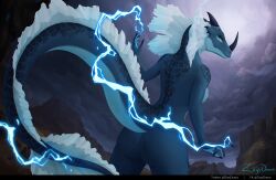 anthro ass blue_body blue_eyes breasts dragon dramatic_lighting dramatic_pose electricity female frill_(anatomy) hi_res horn lightning magic magic_user nipples nude scalie solo storm thunder zirys zirysdraws