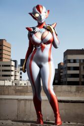 ai_generated alien alien_girl alien_humanoid building city city_background female female_only large_breasts minato_asahi_(grigio) no_sex solo solo_male thick_thighs ultraman_(franchise) ultraman_r/b ultrawoman_grigio wide_hips