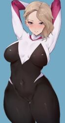 1girls 2020s 2023 2d 2d_(artwork) ??? anime anime_nose anime_style arms_behind_head beige_skin belly belly_button big_hips blonde_female blonde_hair blue_background blush blushed blushing_at_viewer breasts cameltoe clothed clothed_female comic_book_character cropped cropped_legs curvy curvy_female curvy_hips erect_nipples erect_nipples_under_clothes eyes_open fanart female female_focus female_only grey_eyes gwen_stacy gwen_stacy_(spider-verse) hands_behind_head human human_only kataku_musou light-skinned_female light_skin lips looking_at_viewer marvel marvel_comics neck nipple_bulge nipples nipples_visible_through_clothing no_dialogue no_text open_mouth pose posing pussy pussy_bulge pussy_visible_through_clothes shaved_side short_hair showing_off simple_background slight_blush slim smile solo solo_focus sony sony_pictures_animation spider-gwen spider-man:_into_the_spider-verse spider-man_(series) superheroine teeth teeth_clenched teeth_showing teeth_visible textless thick_thighs thighs tight_clothes tight_clothing vagina vagina_visible_through_clothing voluptuous voluptuous_female wide_hips yellow_hair