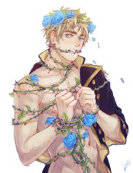 1boy arthur_kirkland axis_powers_hetalia blood blue_flower bondage england_(hetalia) gag gagged male male_focus male_only malesub naked restrained rose thorns tied tied_up vine vine_bondage vines vuri