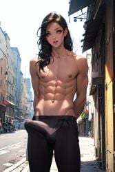 1boy abs ai_generated ambush_(trap) arms_behind_back bara black_hair bulge cute_male detailed_background digital_media_(artwork) earrings erection erection_under_clothes eyelashes femboy girly jewelry lips long_hair looking_at_viewer makeup male male_only muscles muscular muscular_femboy muscular_male navel outdoors pants phoenixeugene pose posing public solo solo_focus stable_diffusion standing tight_clothing tight_pants trap