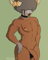 2022 abbirabbit afro anthro ass bouffalant brown_body choker clothing collar digital_media_(artwork) flaccid generation_5_pokemon genitals hand_on_hip hi_res horn jewelry lips male male_only mostly_nude muscular muscular_male necklace nintendo nipple_piercing nipples one_eye_obstructed penis piercing pokemon pokemon_(species) simple_background solo standing thick_lips thong underwear