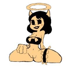 1girls alice_angel angel bendy_and_the_ink_machine black_hair bottomless breasts cleavage eks-out female female_only hand_on_thigh mole mole_under_eye pussy short_hair smile solo solo_female splits tagme