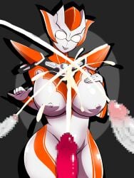 3boys creople cum ejaculation excessive_cum grigio_gets_raped large_breasts minato_asahi_(grigio) multiple_penises simple_background thick_thighs ubikitas ultraman_(franchise) ultraman_r/b ultrawoman_grigio wide_hips