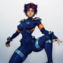 abs ai_generated bodysuit bungie cameltoe erect_nipples erect_nipples_under_clothes female female_only fit fit_female green_eyes hip_dips hourglass_figure konoko nipples nipples_visible_through_clothing oni_(game) purple_hair pussy_visible_through_bodysuit pussy_visible_through_clothes tagme tight_clothing true_might