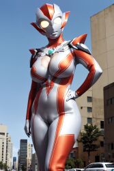 ai_generated alien alien_girl alien_humanoid building city city_background female female_only large_breasts minato_asahi_(grigio) no_sex solo solo_male thick_thighs ultraman_(franchise) ultraman_r/b ultrawoman_grigio wide_hips