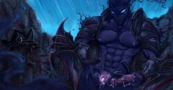 1boy 2020 4_fingers armor bingjikong blue_eyes bottomless cum_dripping_from_pussy dildo erect_nipples fire_body fire_elemental gay humanoid knight league_of_legends masturbating muscular_male nocturne_(league_of_legends) pixiv purple_body purple_eyes riot_games rock solo_male spread_pussy spreading_pussy vaginal_penetration veiny_dildo yaoi