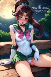 1girls ai_generated anime_style asking_for_it bench bishoujo_senshi_sailor_moon blush brown_hair clothing female green_eyes human inviting inviting_to_sex legs_spread makoto_kino night panties park sailor_jupiter shennyyou skirt small_breasts stable_diffusion tempting